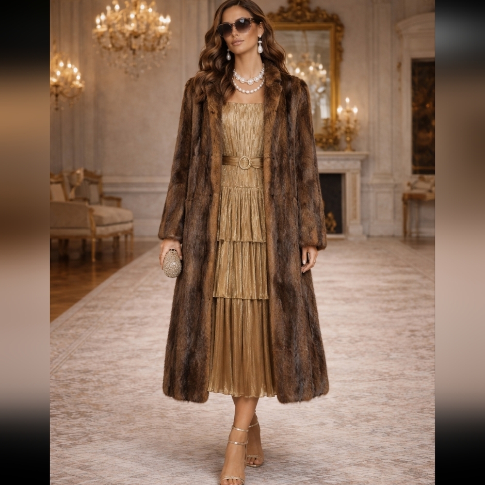 VINTAGE WALLACE CO GENUINE MINK FUR COAT FULL LENGTH LUXURY BROWN SHAWL